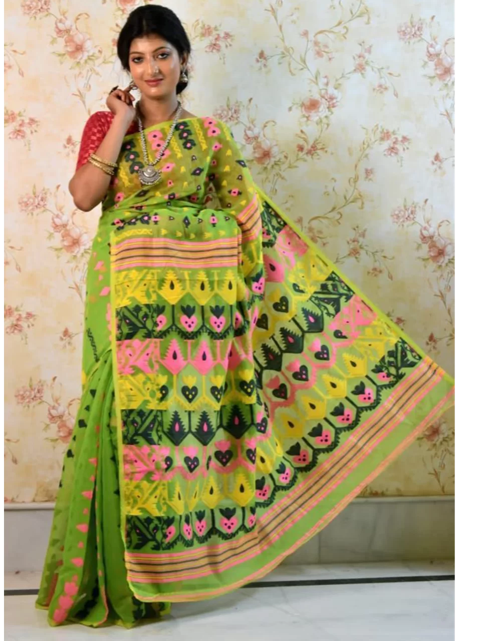 Pista Green Cotton Silk Handwoven Soft Jamdani Saree – Charukriti