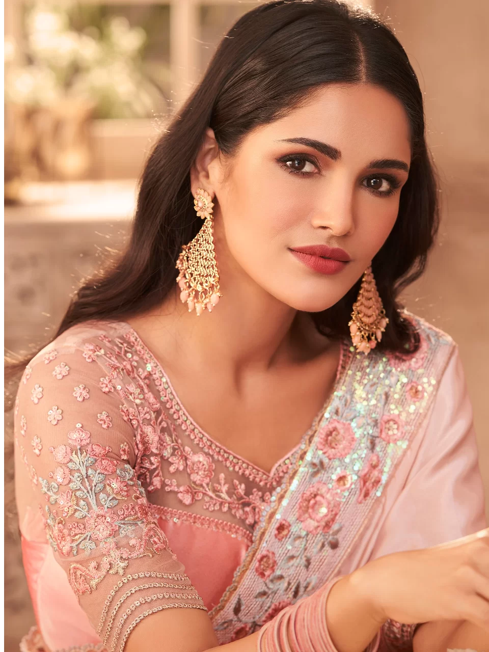 Pink earrings for saree on sale