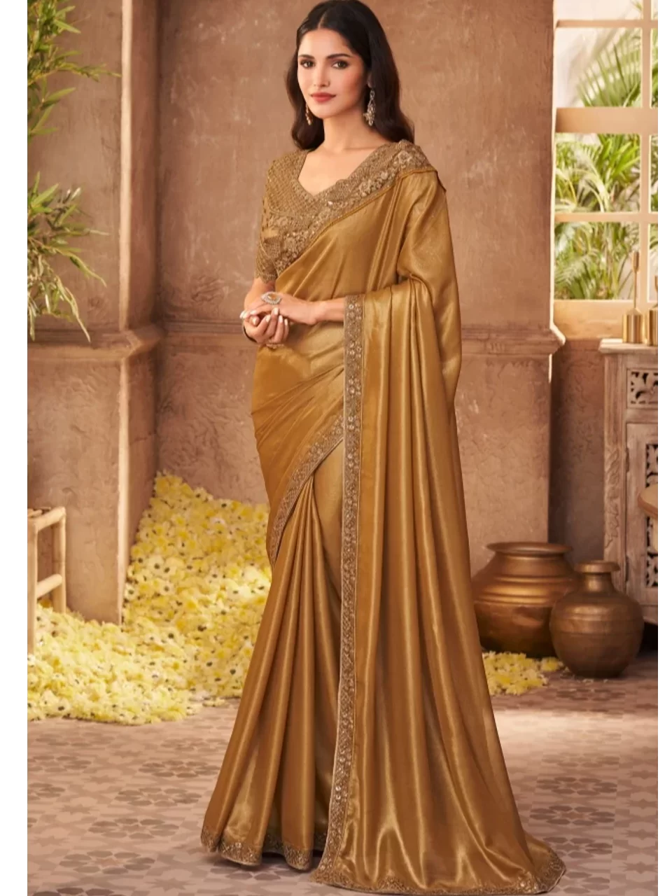 New Design Sraee Party Wear Chiffon Golden Colour Saree