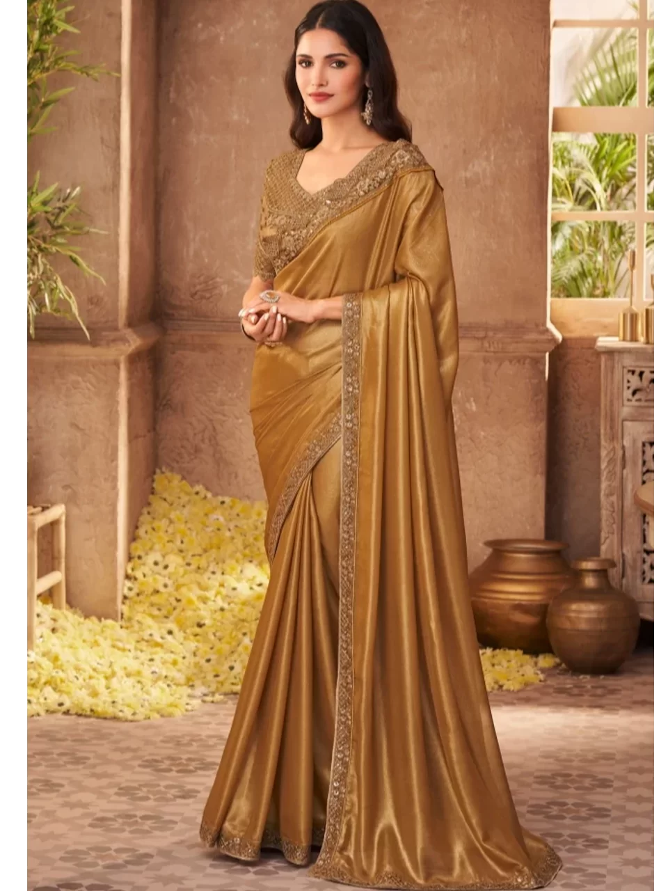 Designer Embroidered Silk Party Wear Saree Golden : The Morani Fashion