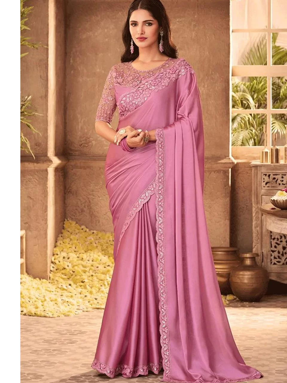 Buy Beautiful Pink Organza Partywear Saree Online -Inddus.in.