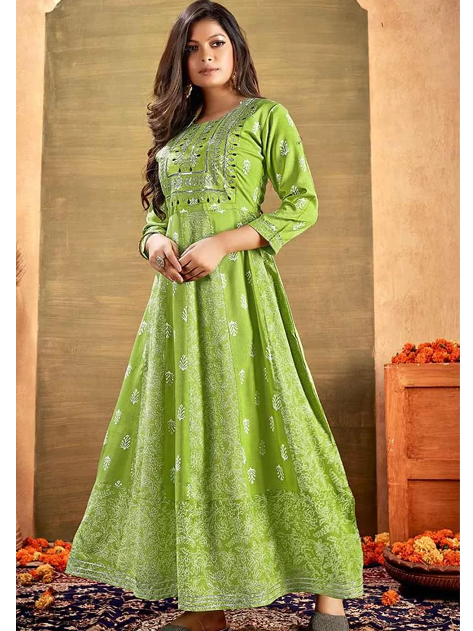 Indi Inside Parrot Green Rayon Block Print Anarkali Kurta