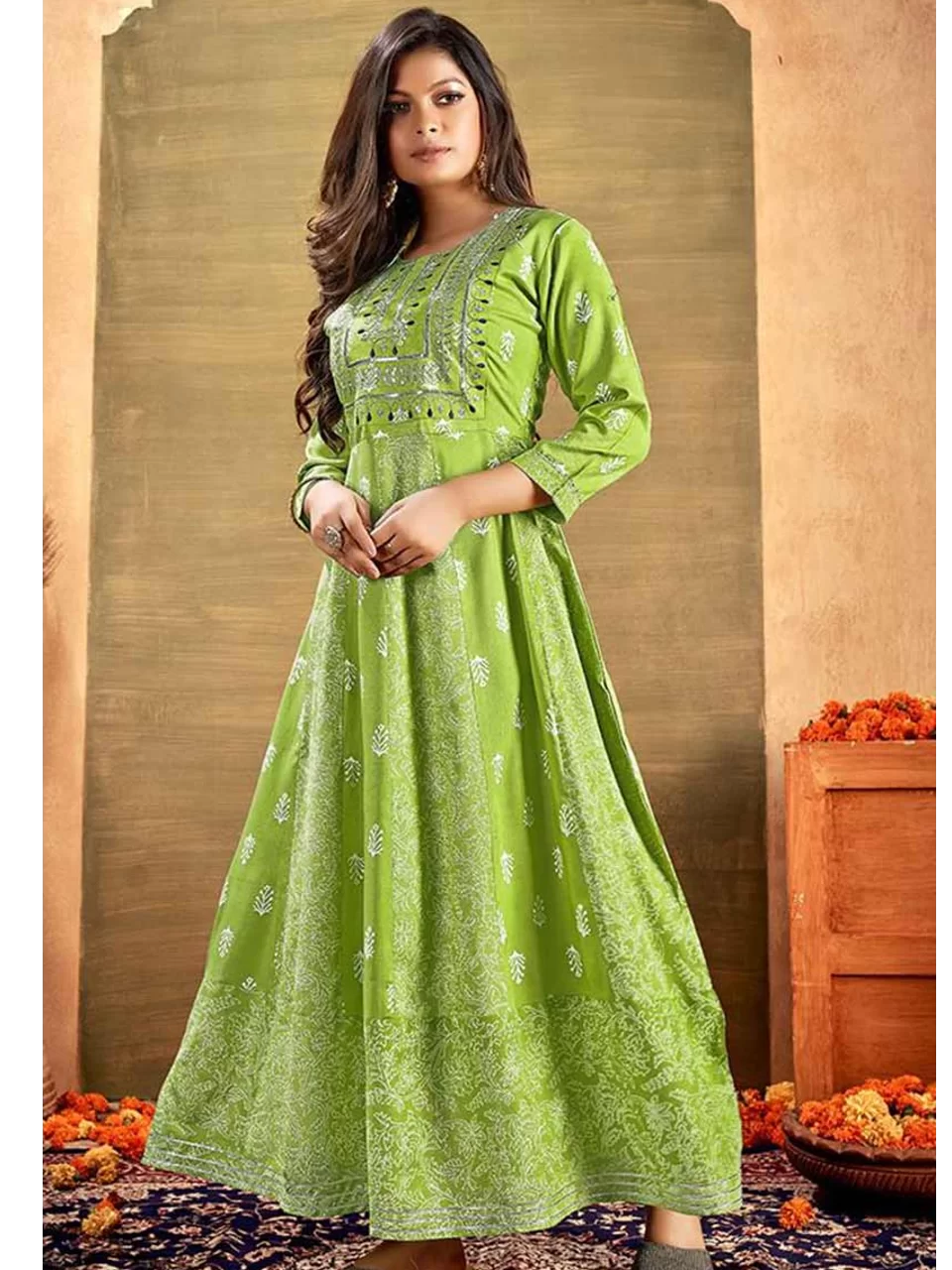 Green Rayon Anarkali Kurti Long Gown Pant and Dupatta Set Designer Kurti  Suit Kurti Dupatta Set Dupatta for Women Printed Anarkali Gown Suit - Etsy