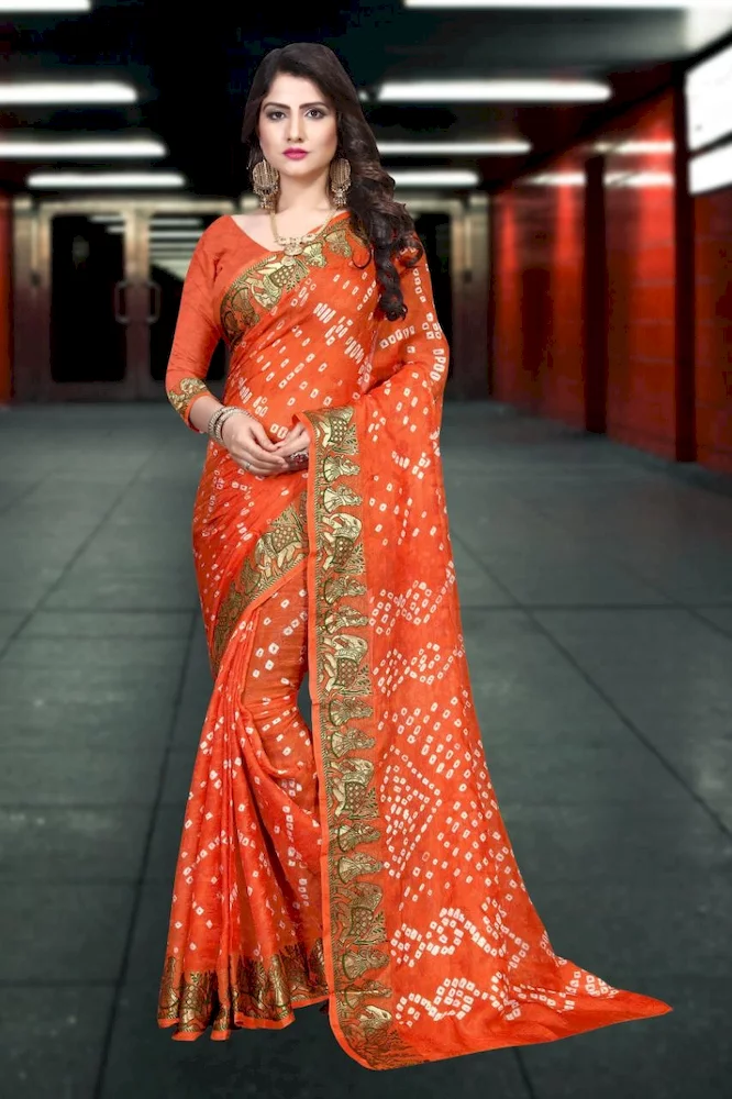 Orange Color Pure Georgette Jacquard Border Bandhani Saree The Morani Fashion