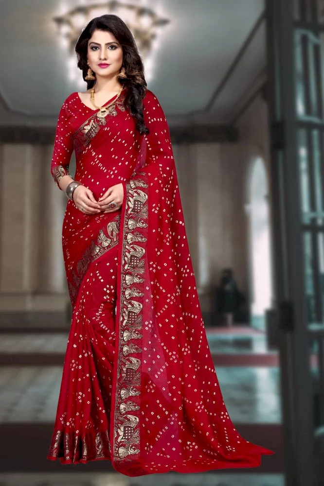 Red Color Pure Georgette Jacquard Border Bandhani Saree The Morani Fashion